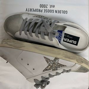 Super-Star Sabots in white leather and gray suede with silver glitter star